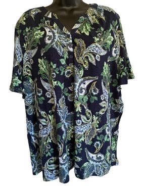 NWOT Denim & Co Navy Paisley Button-Front T-Shirt - Size 2X